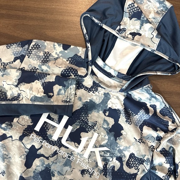 Huk Icon Tech Camo Hoodie Performance Fishing Men's Size Large Blue EUC - Picture 1 of 11